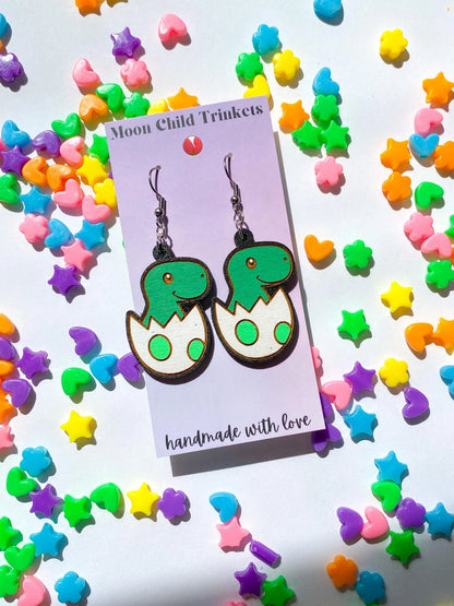 Baby T-Rex Hand Painted Wood Dangle Earrings image 0