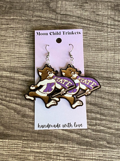 KSU Willie the Wildcat Hand Painted Wood Dangle Earrings image 0