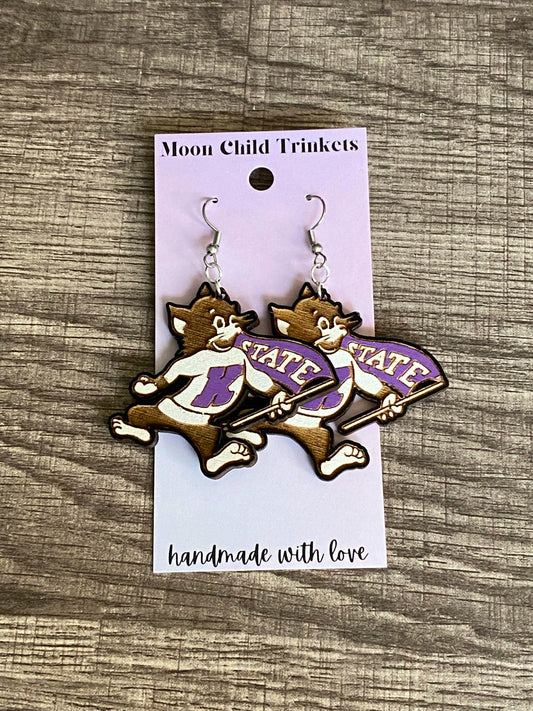 KSU Willie the Wildcat Hand Painted Wood Dangle Earrings image 0