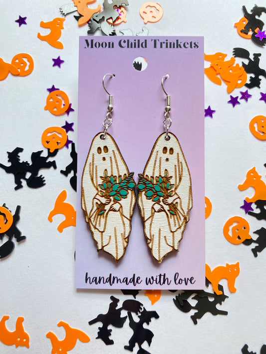 Floral Ghost Hand Painted Wood Earrings image 0