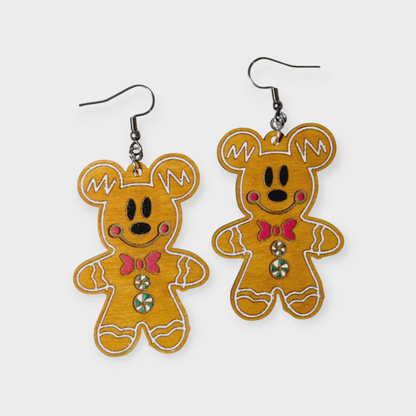 Mickey and Minnie Gingerbread Hand Painted Wood Earrings