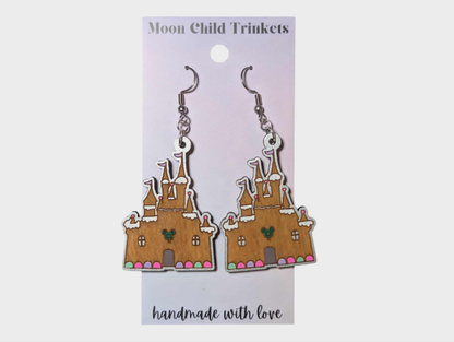 Gingerbread Castle Hand Painted Dangle Earrings
