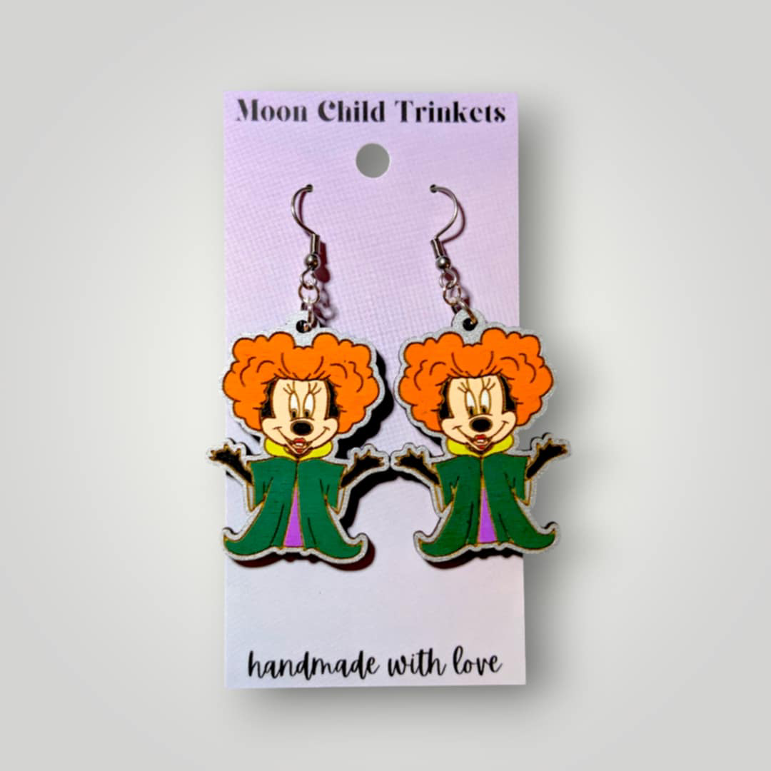 Minifred Hocus Pocus Minnie Mouse Hand Painted Wood Dangle Earrings