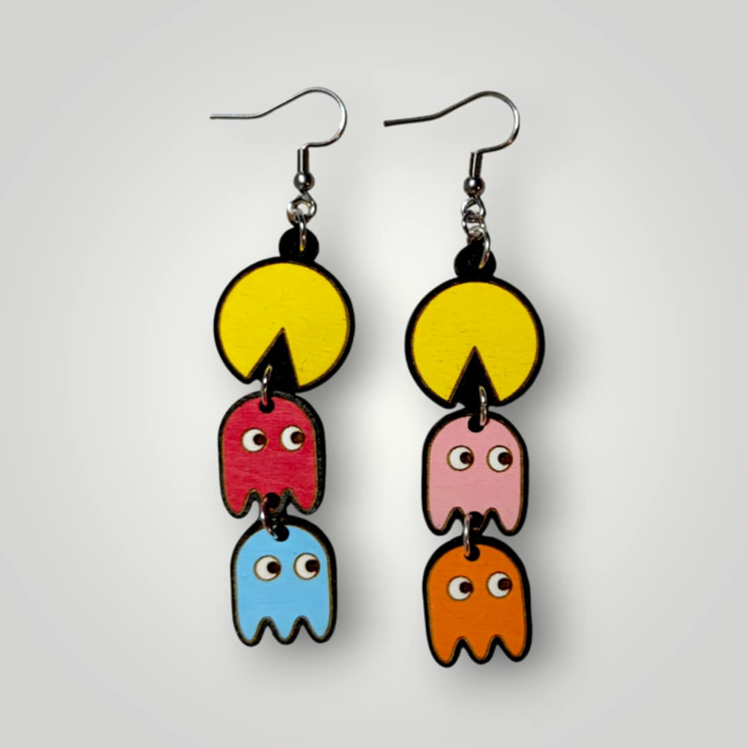 Retro Arcade Pac Man Hand Painted Wood Earrings