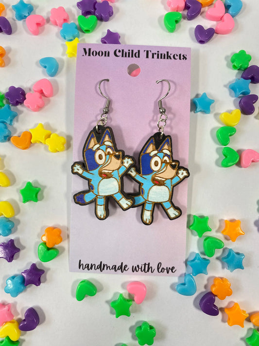 Bluey Dog Hand Painted Wood Dangle Earrings image 0