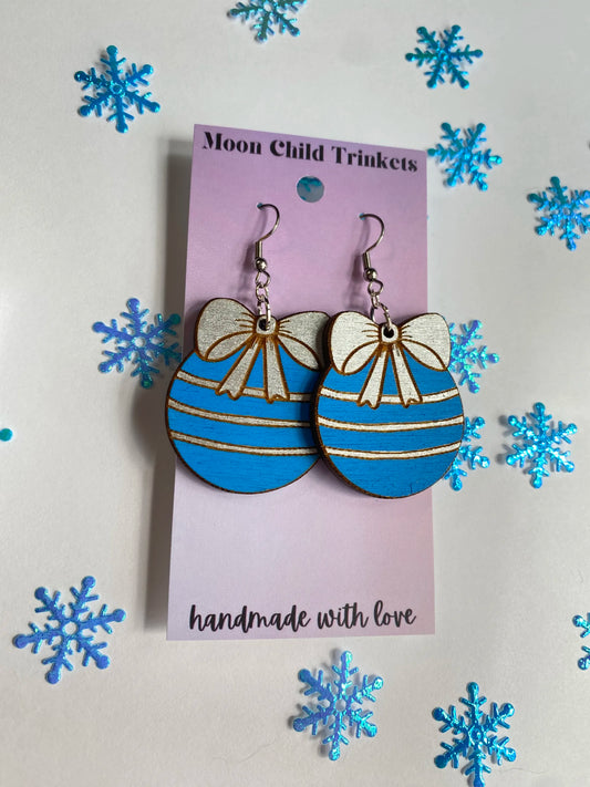 Blue & Silver Christmas Ornament Hand Painted Wood Earrings image 0