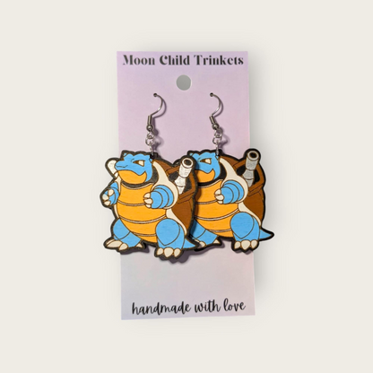 Blastoise Pokemon Hand Painted Wood Dangle Earrings