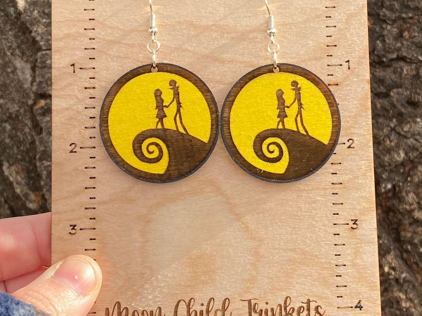 Jack and Sally Yellow Hand Painted Wood Dangle Earrings