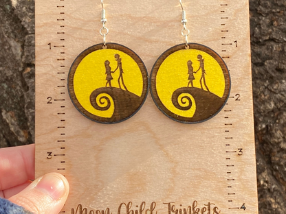 Jack and Sally Yellow Hand Painted Wood Dangle Earrings
