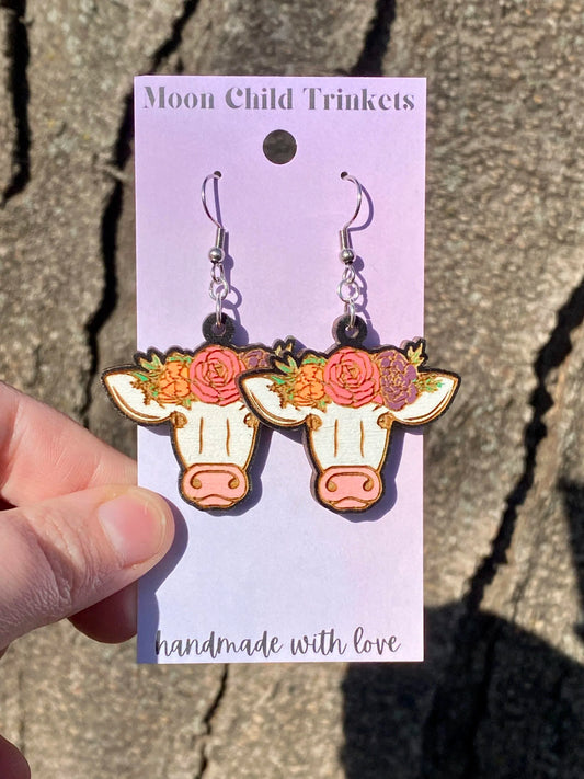 Floral Cow Hand Painted Wood Dangle Earrings image 0