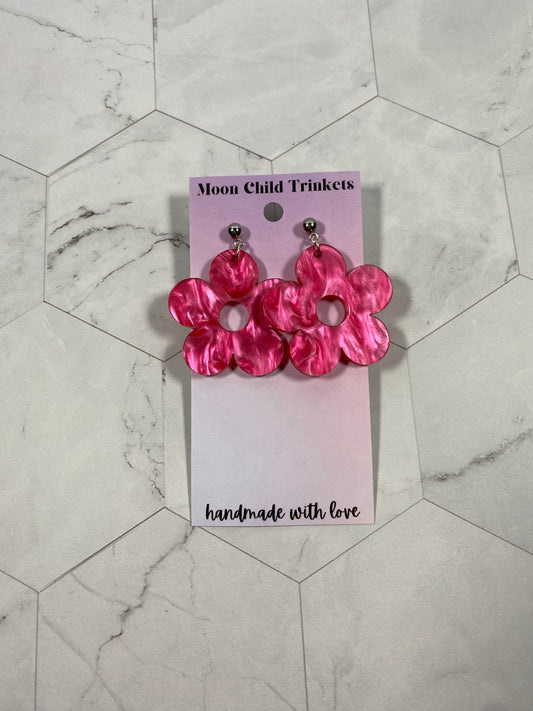 Retro Flower Pink Marble Acrylic Dangle Earrings *LIMITED EDITION*