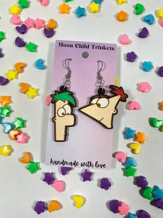 Phineas and Ferb Hand Painted Wood Dangle Earrings