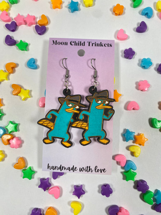 Perry the Platypus Hand Painted Wood Dangle Earrings