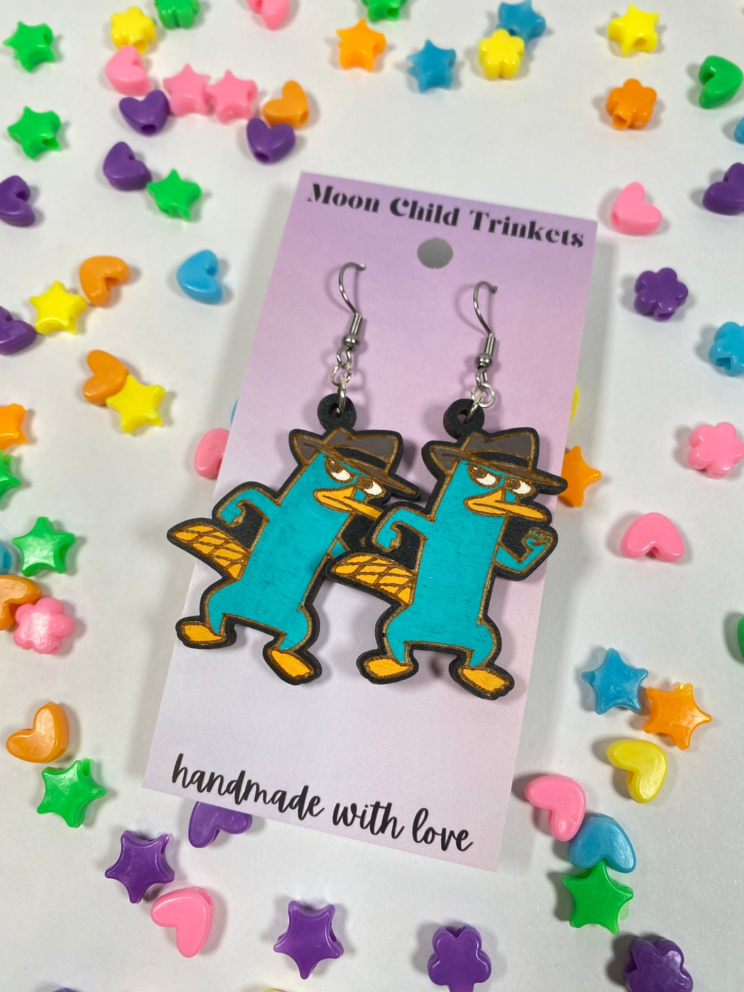 Perry the Platypus Hand Painted Wood Dangle Earrings