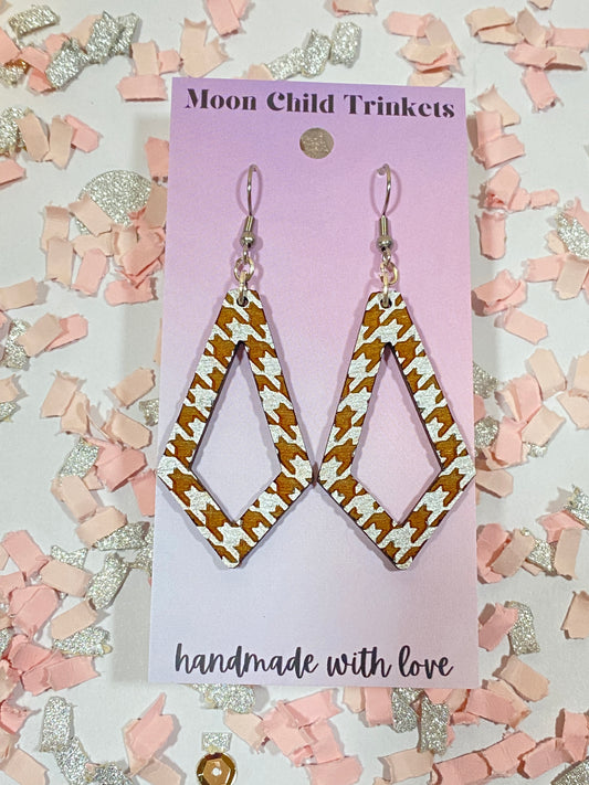 Silver Houndstooth Diamond Shaped Wood Earrings