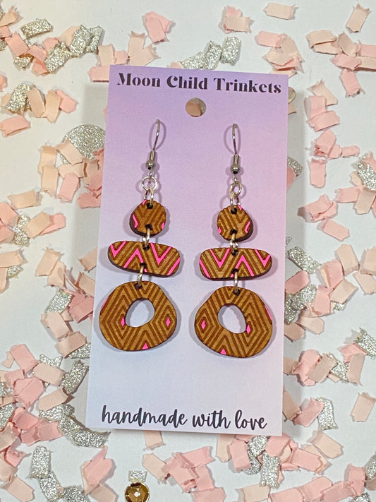 Chevron Hot Pink Geometric Abstract Shaped Wood Hand Painted Earrings