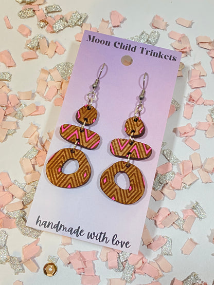 Chevron Hot Pink Geometric Abstract Shaped Wood Hand Painted Earrings