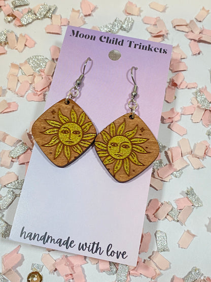 Celestial Sun Hand Painted Wood Dangle Earrings