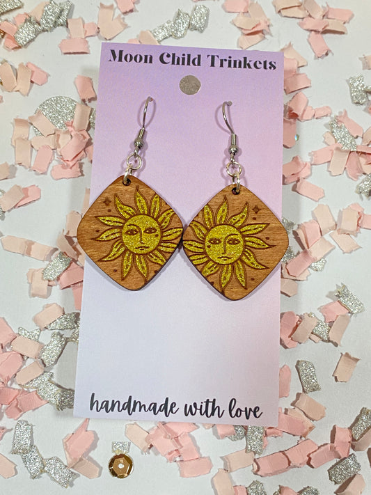 Celestial Sun Hand Painted Wood Dangle Earrings