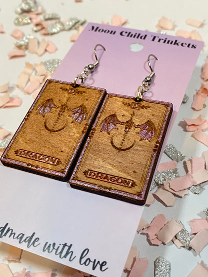 Dragon Tarot Card Inspired Hand Painted Wood Earrings