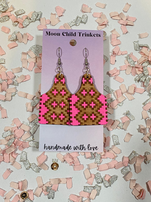 Aztec Pattern Hot Pink Cow Tag Hand Painted Wood Earrings