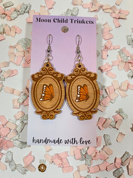 Regency Era Inspired Butterfly Hand Painted Wood Earrings