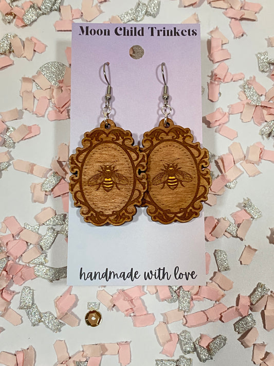 Regency Era Inspired Bee Hand Painted Wood Earrings