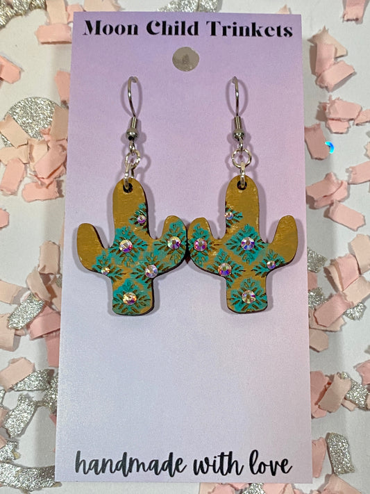 Cactus Rhinestone Hand Painted Wood Dangle Earrings