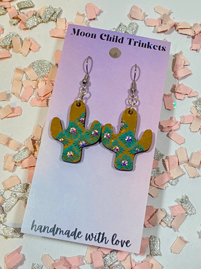 Cactus Rhinestone Hand Painted Wood Dangle Earrings