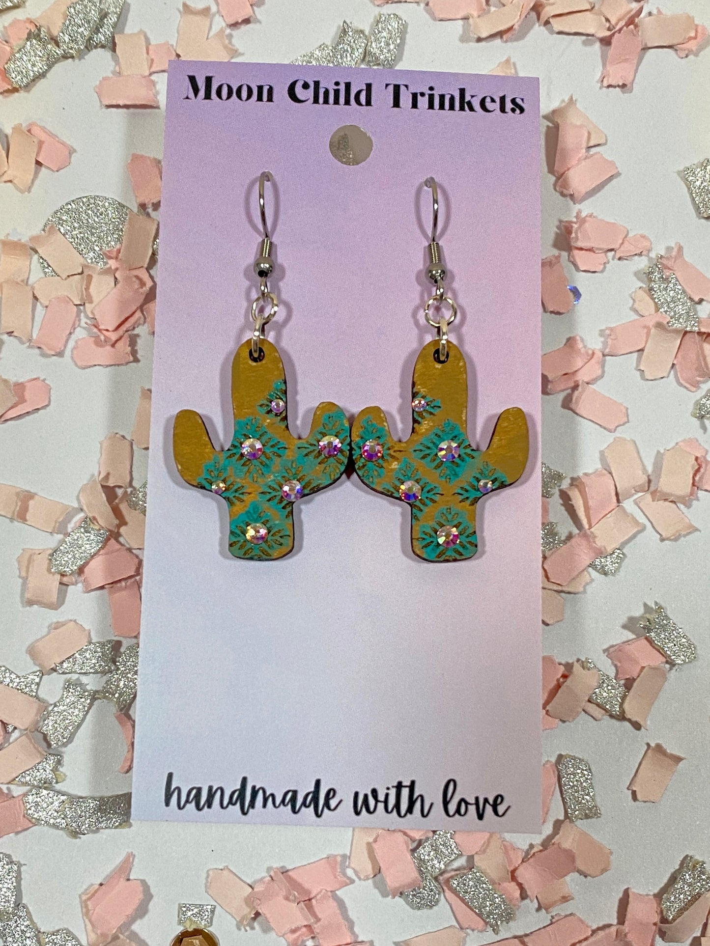 Cactus Rhinestone Hand Painted Wood Dangle Earrings