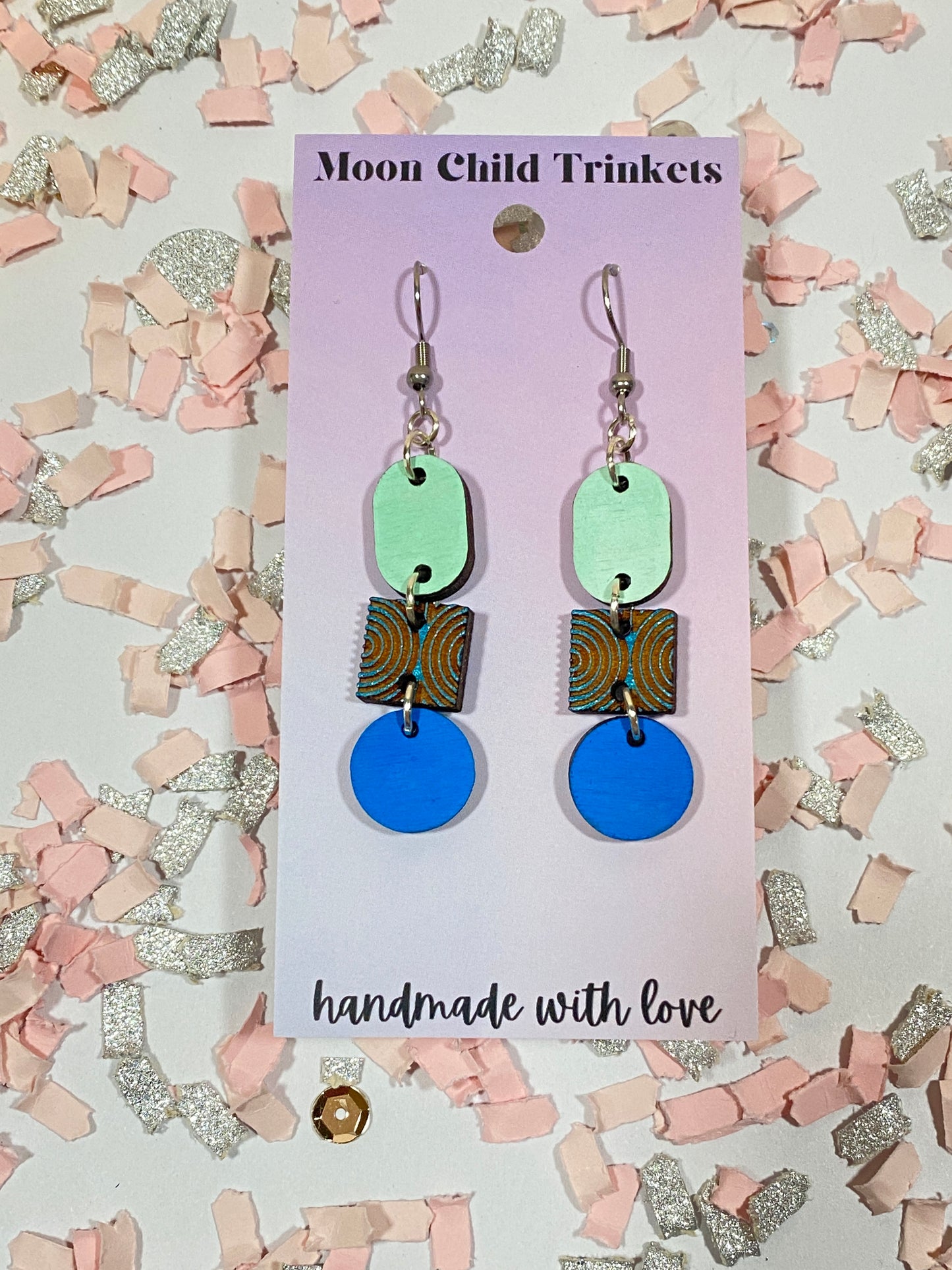 Blue Geometric Tiered Hand Painted Wood Dangle Earrings