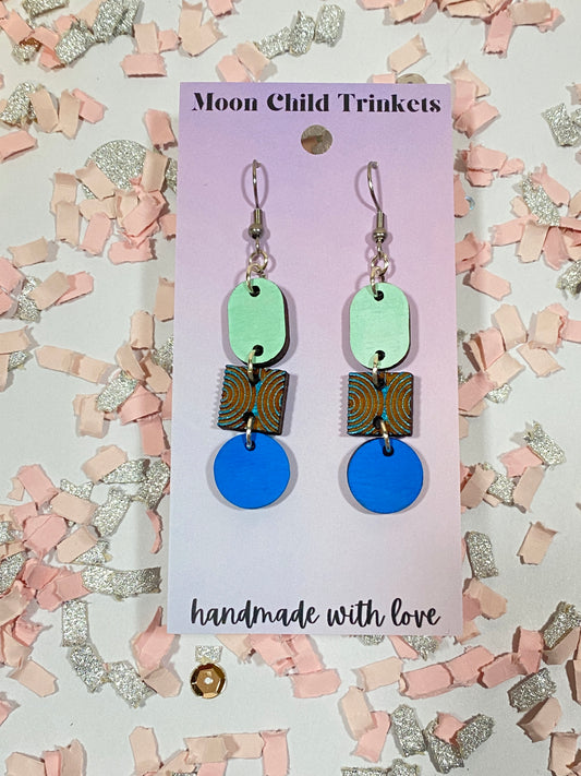 Blue Geometric Tiered Hand Painted Wood Dangle Earrings