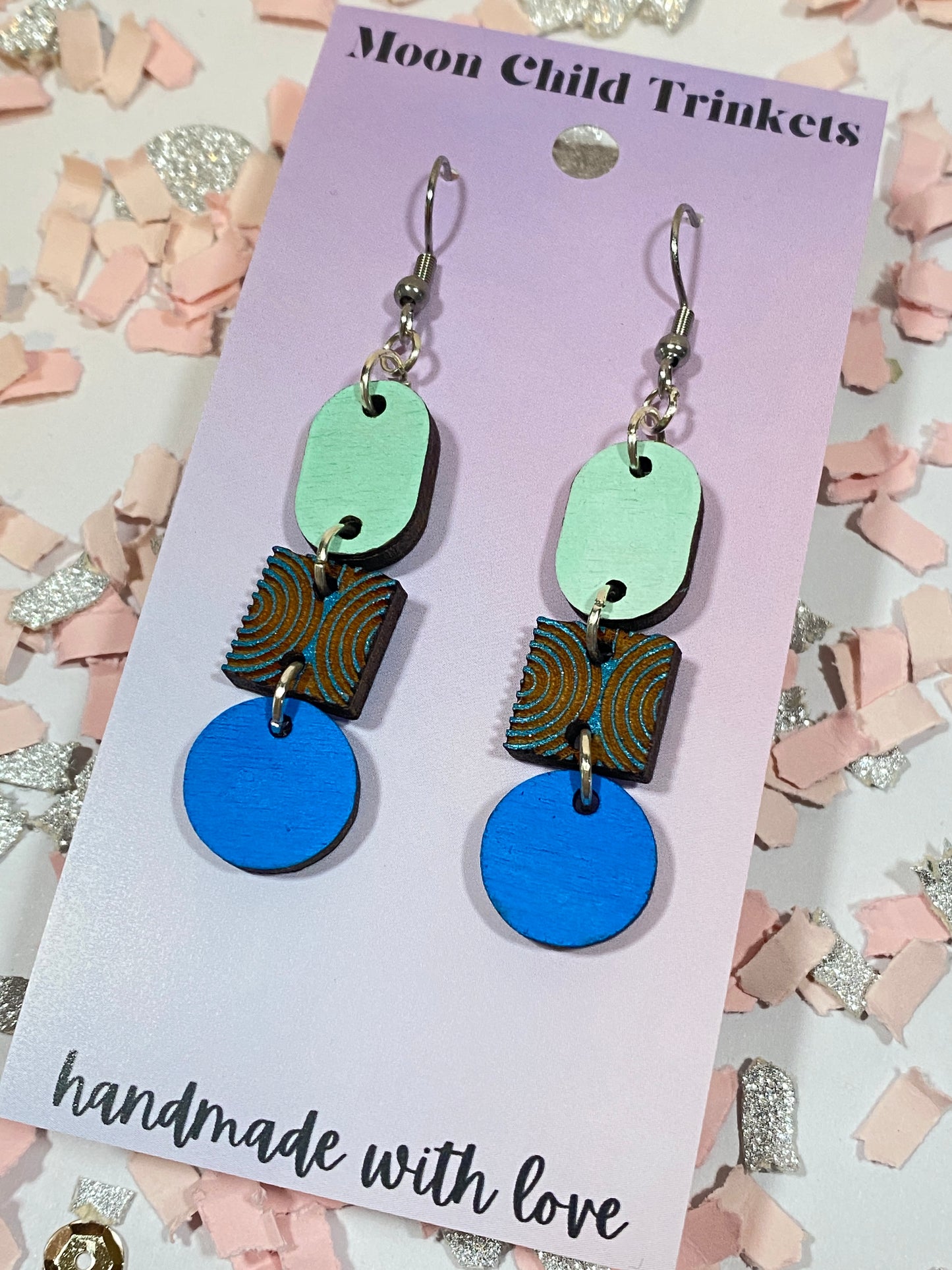 Blue Geometric Tiered Hand Painted Wood Dangle Earrings