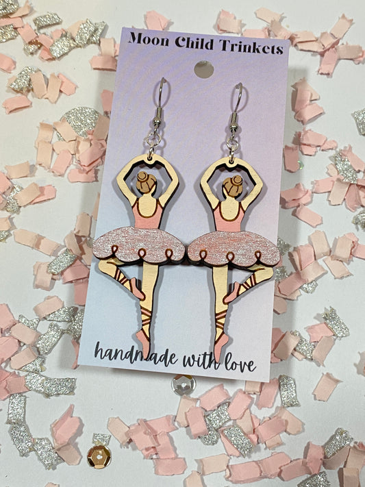 Ballerina 3D Hand Painted Wood Dangle Earrings
