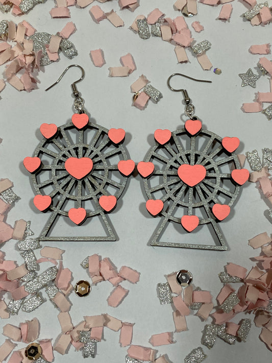 3D Ferris Wheel Hand Painted Wood Dangle Earrings