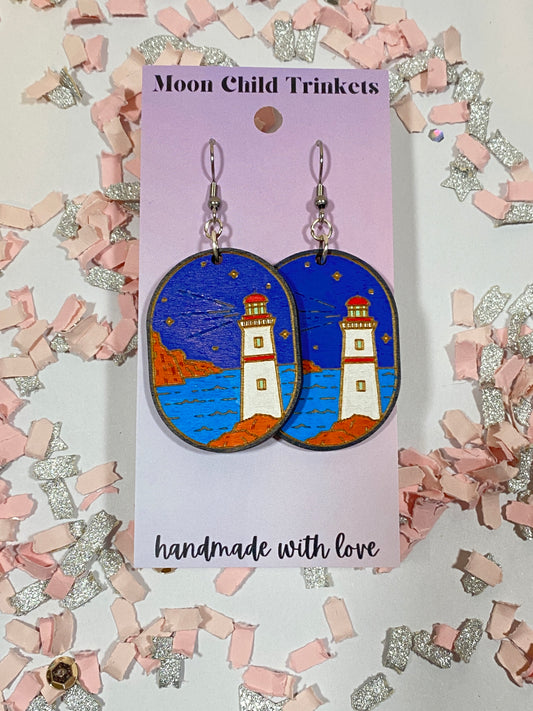Lighthouse Scenery Hand Painted Wood Dangle Earrings