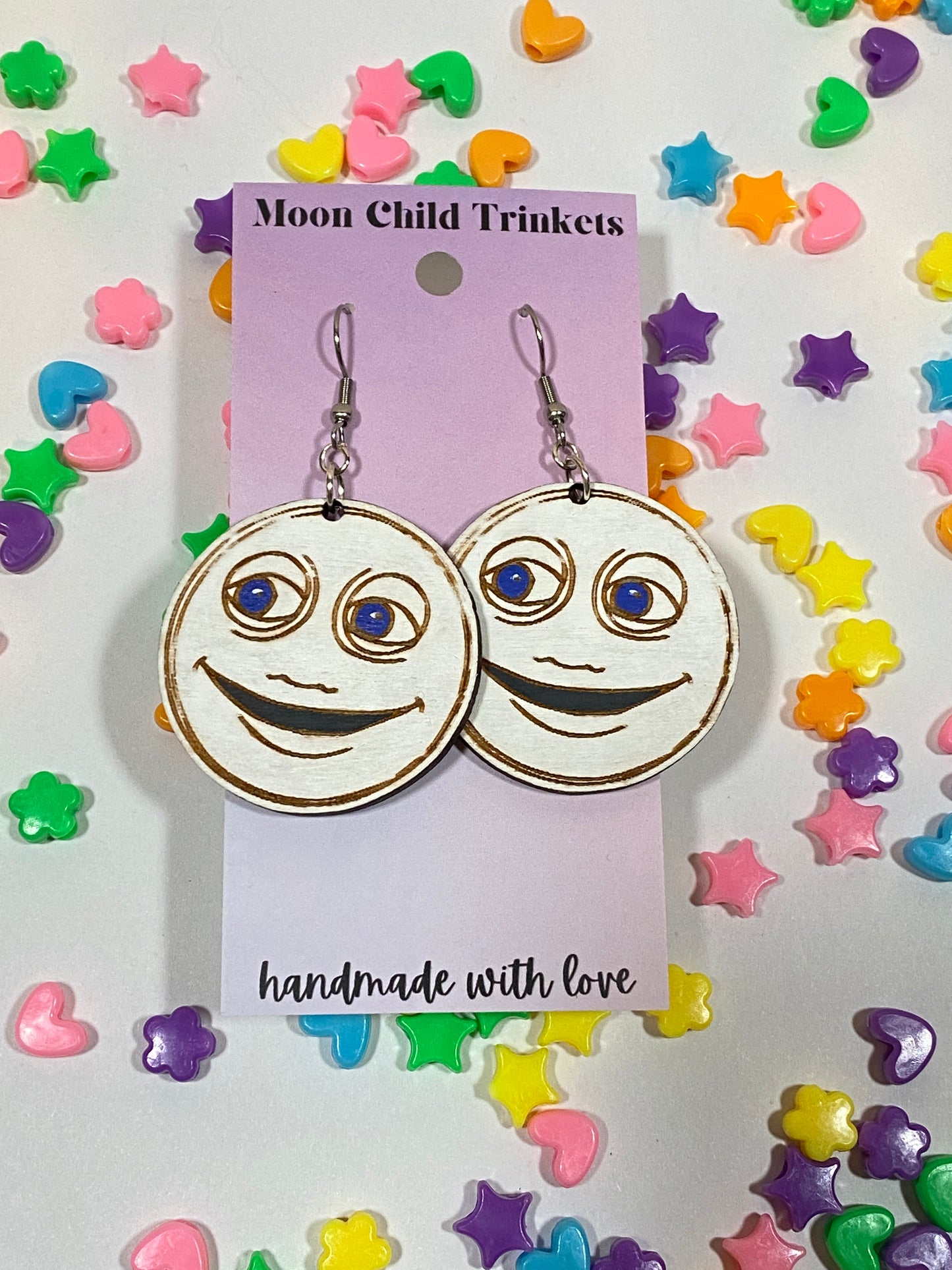 Luna the Moon Bear in the Big Blue House Hand Painted Wood Dangle Earrings