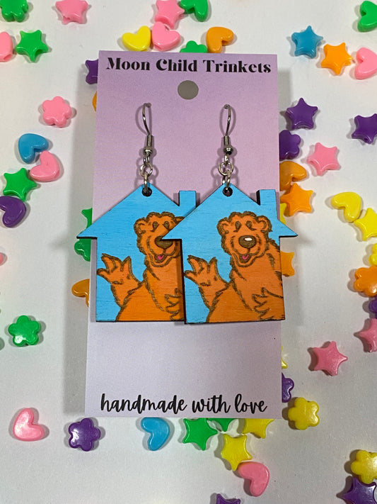 Bear in the Big Blue House Hand Painted Wood Dangle Earrings