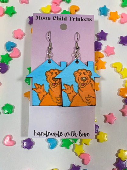 Bear in the Big Blue House Hand Painted Wood Dangle Earrings