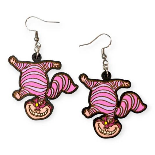 Cheshire Cat Hand Painted Wood Dangle Earrings