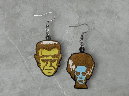 Frankenstein & Bride Of Frankenstein Hand Painted Wood Dangle Earrings
