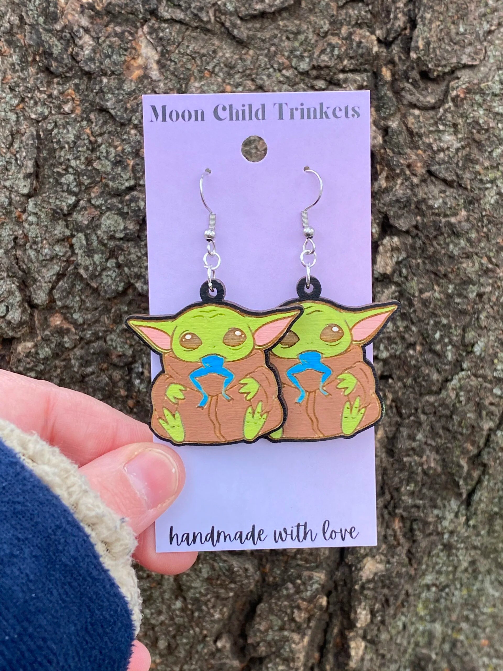 Baby Yoda Star Wars Hand Painted Wood Dangle Earrings image 3