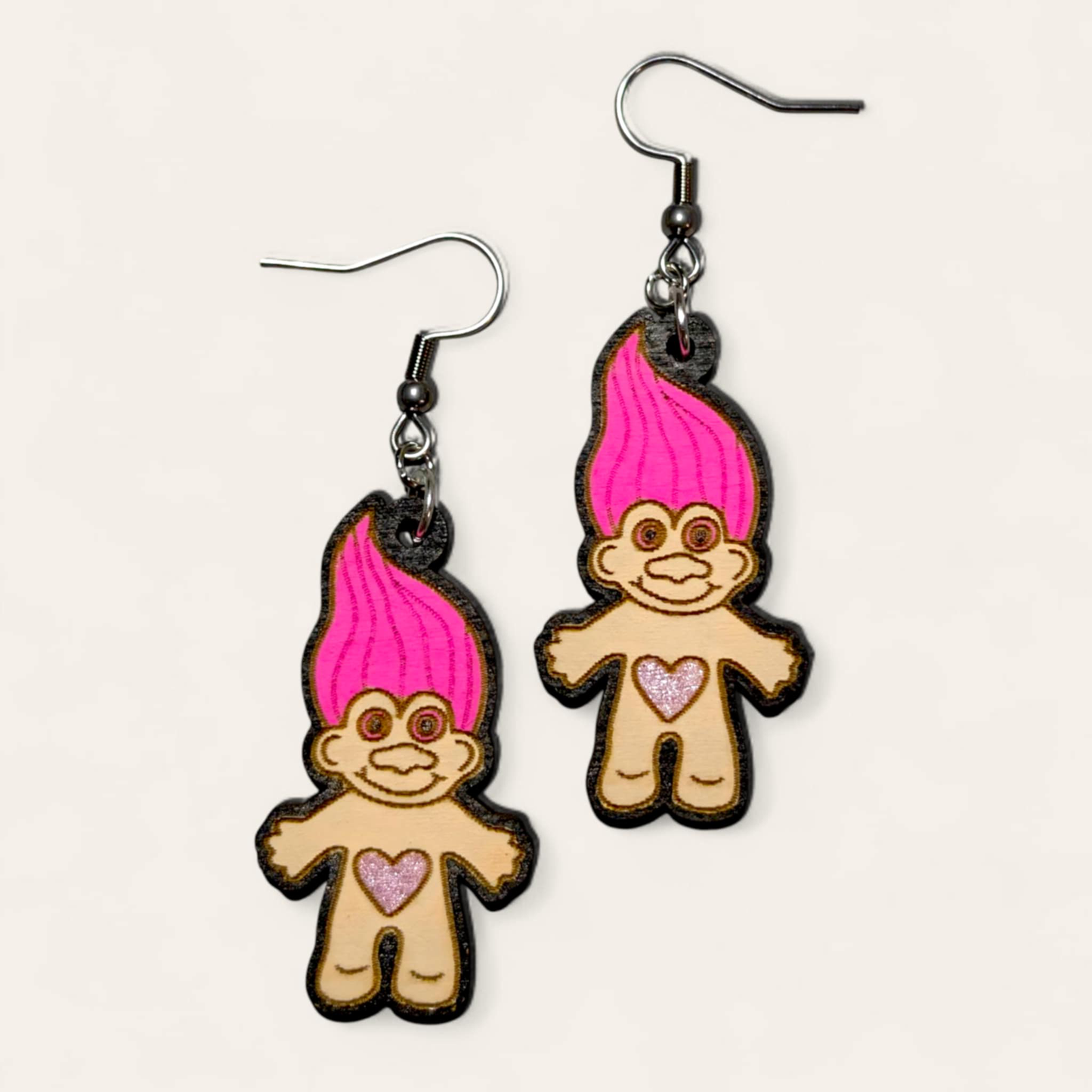 Troll Doll Hand Painted Wood Earrings