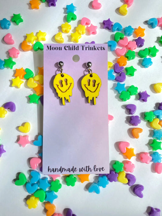 Melted Smiley Face Hand Painted Wood Dangle Earrings image 0