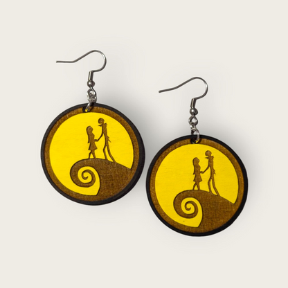 Jack and Sally Yellow Hand Painted Wood Dangle Earrings