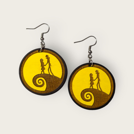 Jack and Sally Yellow Hand Painted Wood Dangle Earrings