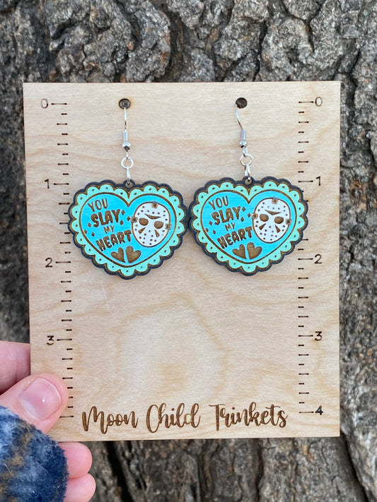 Friday the 13th Horror Valentine Hand Painted Wood Dangle Earrings image 0