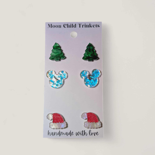 🎄✨ Holiday Acrylic Stud Earring Set – 3 Pair Festive Earrings ✨🎄