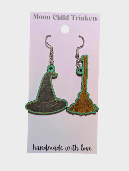 Wicked Elphaba Hat and Broom Hand Painted Wood Earrings