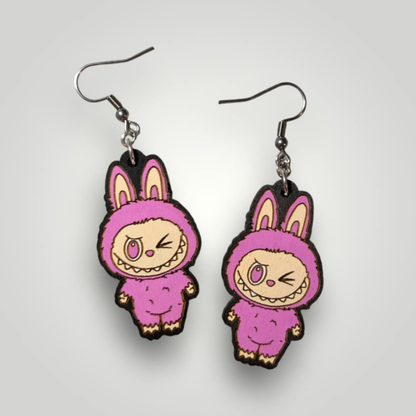 Labubu Monster Wink Hand Painted Wood Earrings